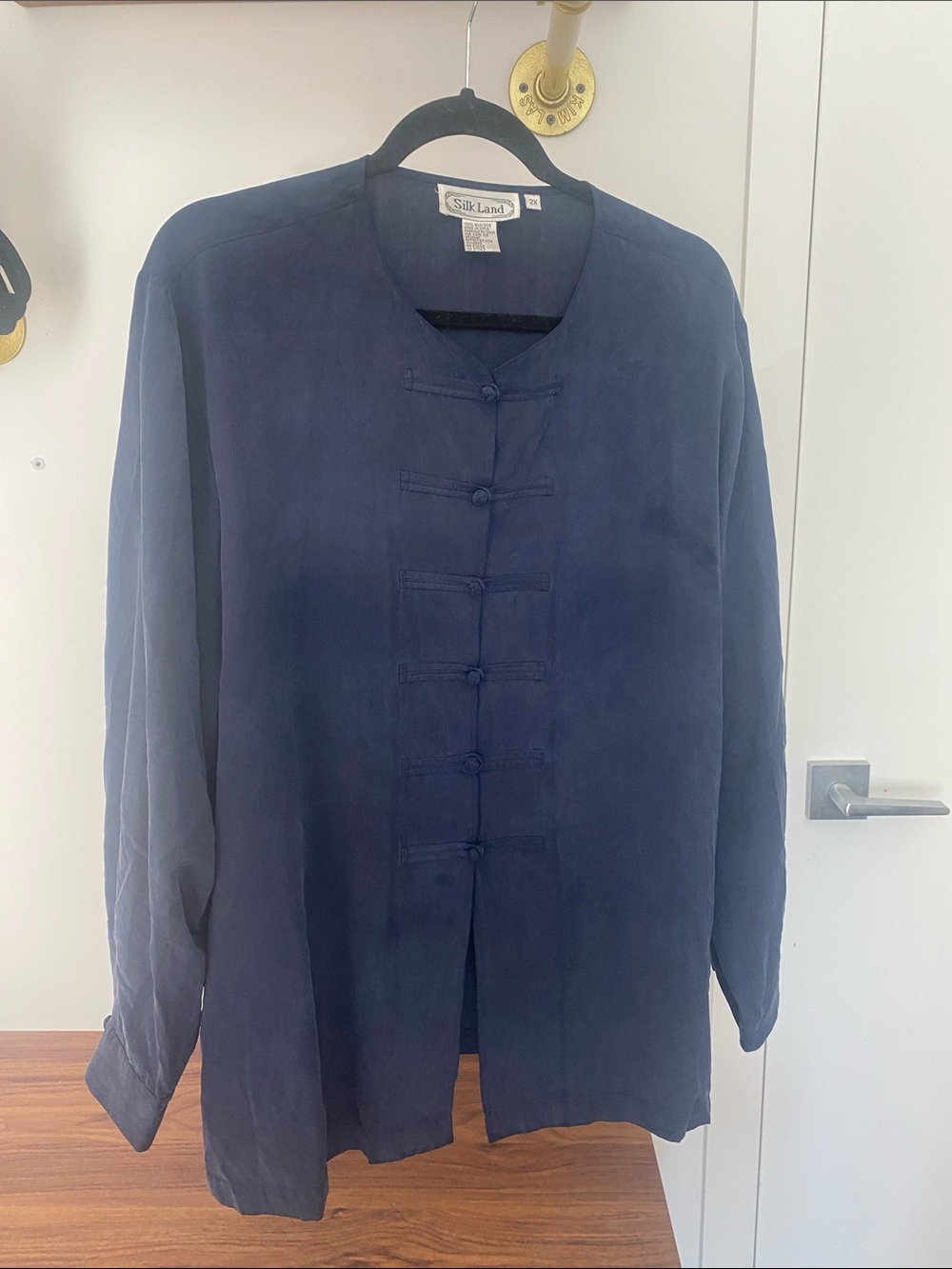 SilkLand Navy Blue Button-Front Silk Jacket - size 2X